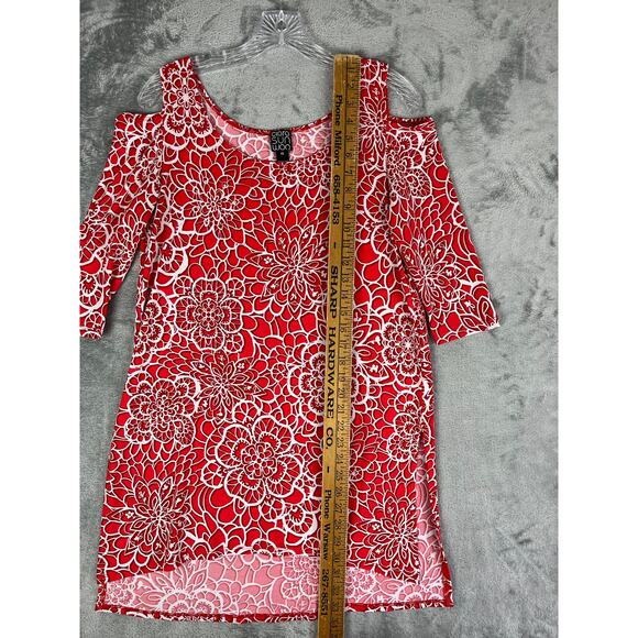 Clara Sunwoo Pink Stretchy Cold Shoulder Tunic Top XS Floral Geometric Long Line - Picture 12 of 16